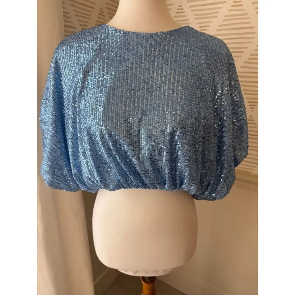 Endless Rose Women’s Small Blue Sequin Cropped Puffed Sleeve Top - Picture 2 of 7